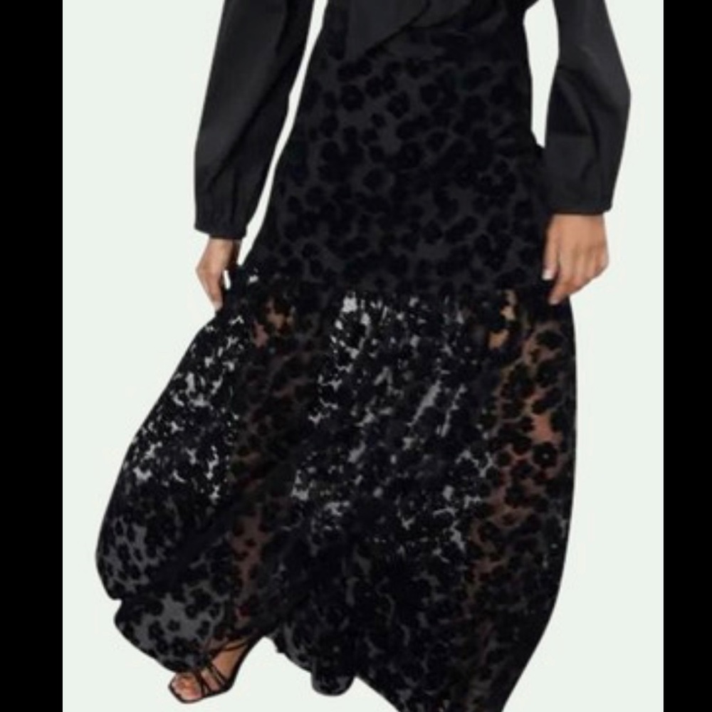 Zara SEMI SHEER MAXI EMBROIDERED VELVET SKIRT BLACK COLOR